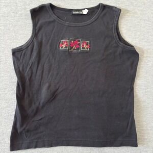 Trillogy Black Cotton Sleeveless Tank Top Pink Floral Embroidered Leaf Large